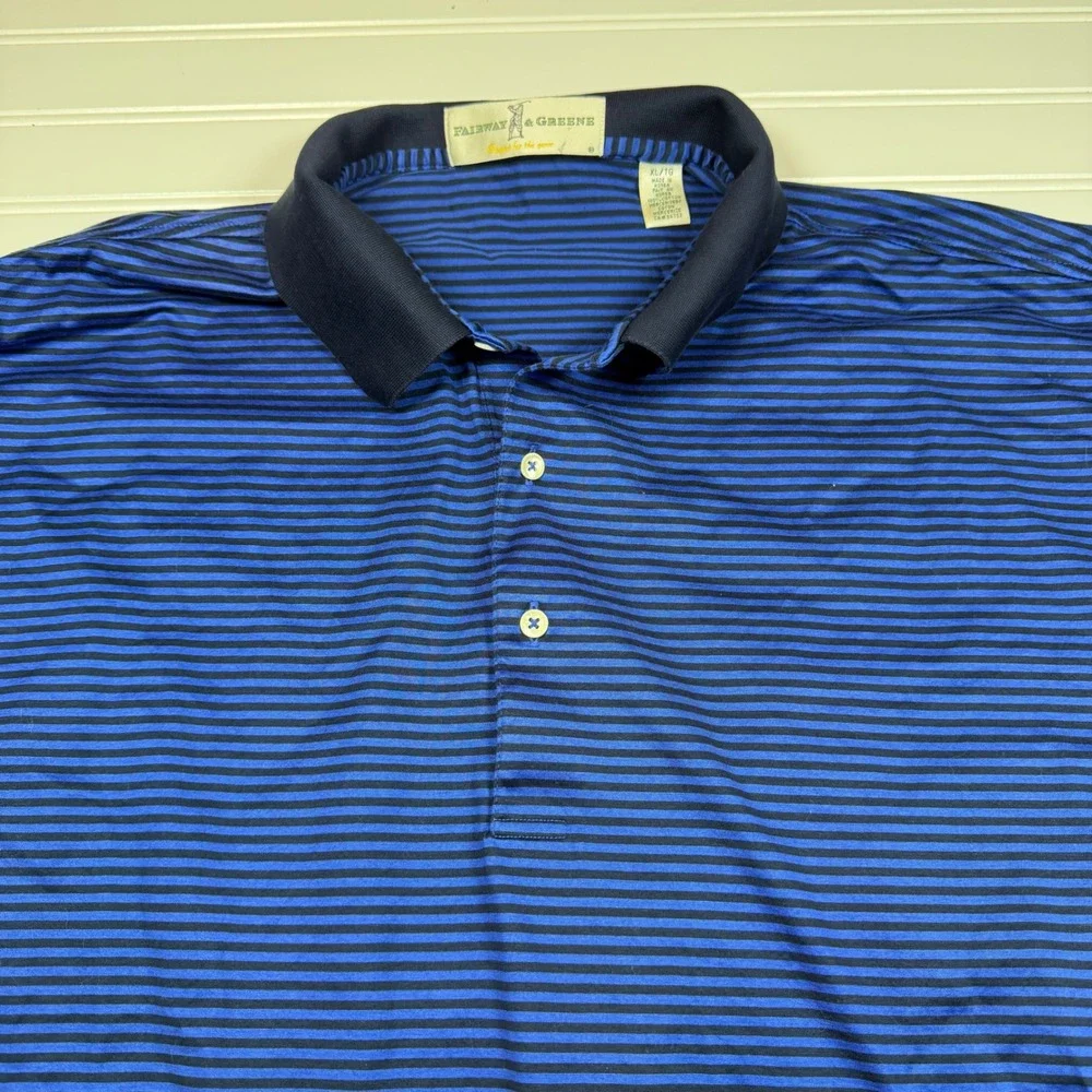 Fairway & Greene Mens XL Blue Striped Mercerized Cotton Polo Shirt Equifax Logo